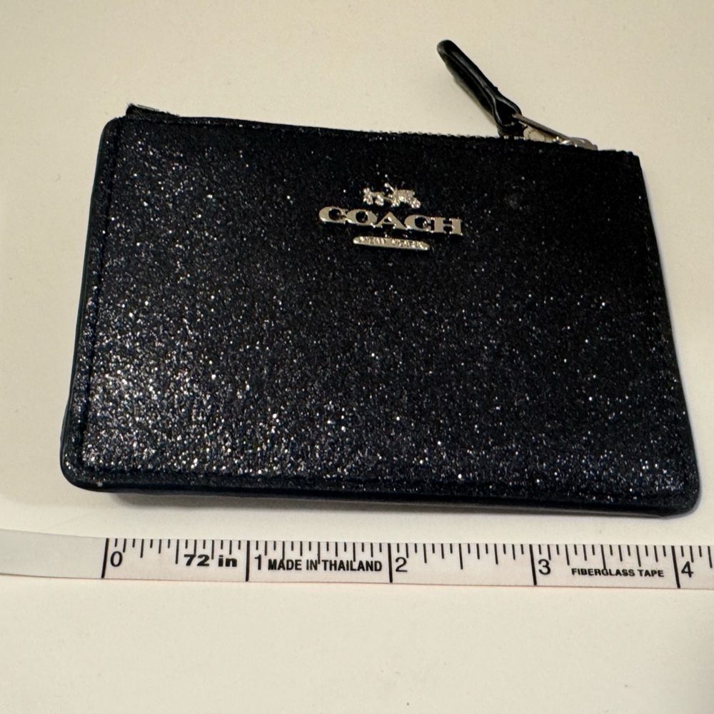 Coach Black Glitter Zip Card Pouch with Silver Logo